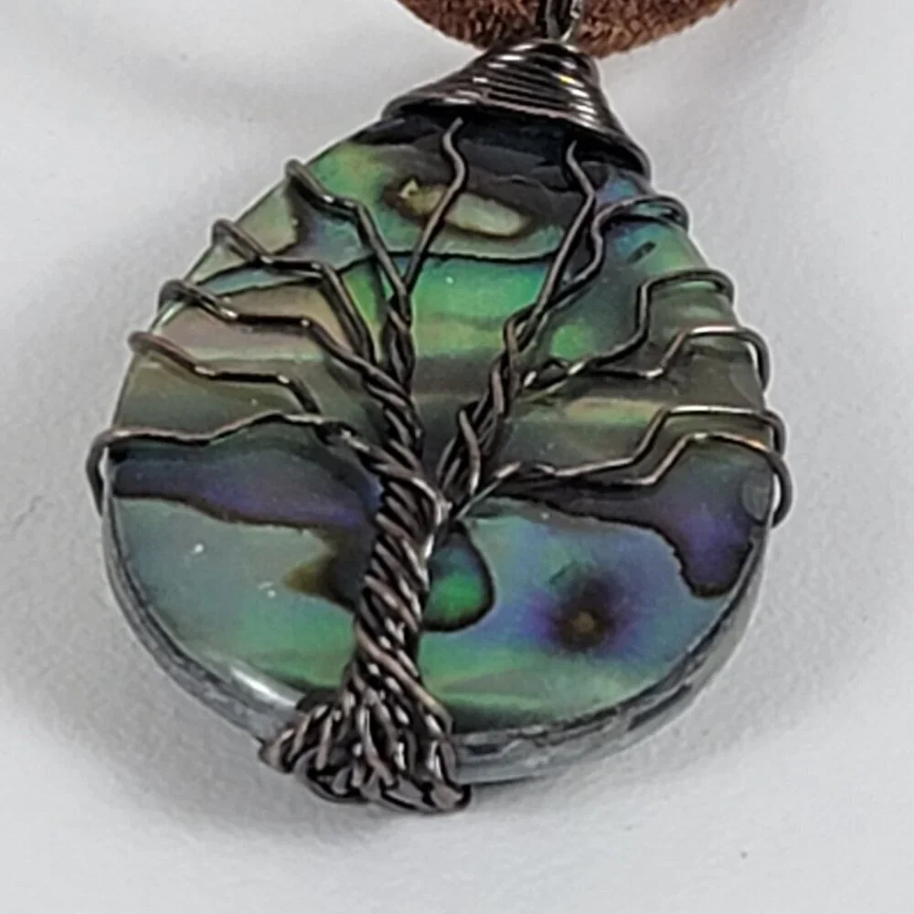 Mother Of Pearl Tree Of Life Pendant Cord Necklace 20 In Wire Wrapped Boho